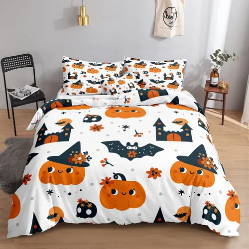 Miniatura 28 de Juego de funda de edredón de calabaza para Halloween, divertido diseño de calabaza malvada, color negro, juego de ropa de cama Tiwn 1 funda