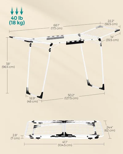 Miniatura 6 de SONGMICS ULLR518W01 - Escurridor de ropa plegable, con alas de gaviota, ahorro de espacio, 22.2 x 68.1 x 38 pulgadas, clips para calcetines, Blanco