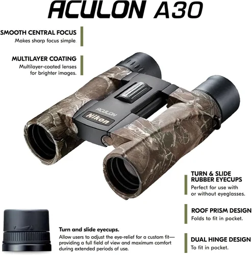 Miniatura 6 de Nikon ACULON A30 10x25 Compact Binoculars - Lightweight Dual-Hinge Design, Multilayer-Coated Lenses, Smooth Central Focus, Ergonomic Grip for