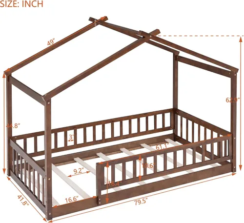 Miniatura 2 de Cama de casa tamaño individual con barandillas de valla, marco de cama de madera estilo Montessori para niños, divertidas camas de casa