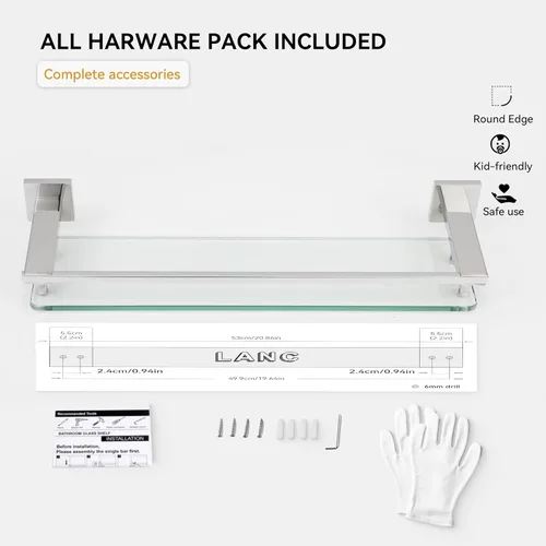 Miniatura 8 de LANC Estante de baño cromado, estantes de vidrio templado flotante de 20 pulgadas, estante rectangular de acero inoxidable montado en la pared