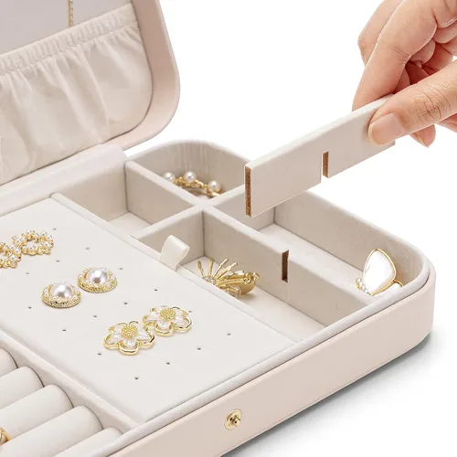 Miniatura 6 de Vlando Joyero de viaje para mujer, organizador de joyas de cuero portátil, para collares, aretes, anillos, pulseras, tamaño pequeño, regalos
