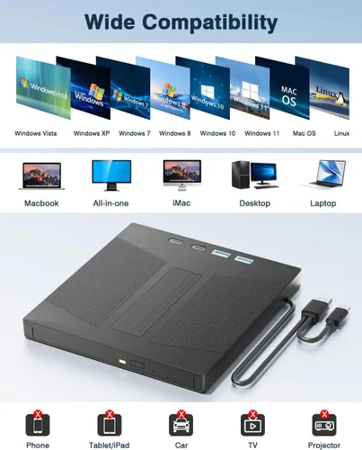 Miniatura 5 de Soporte 7 en 1 disco 100G R/W para PC Blu Ray Drive, USB 3.0 y Tipo-C Bluray Burner externo y lector de tarjetas SD/TF, unidad Bluray externa