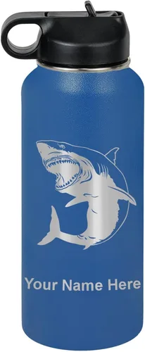 Miniatura 50 de LaserGram Botella de agua personalizada, gran tiburón blanco, acero inoxidable de doble pared aislada al vacío con popote superior, regalo grabado