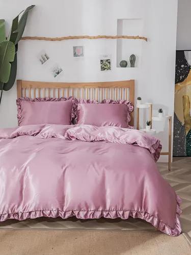 Miniatura 9 de Juego de funda de edredón sedosa de satén similar a la seda, color rosa rubor con estampado de satén con volantes rosados, 1 funda de edredón y 2