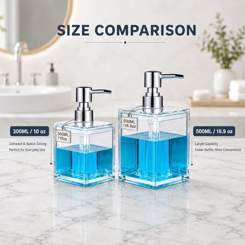 Miniatura 5 de LGURT Dispensador de jabón acrílico transparente cuadrado de 10.1 fl oz con bomba, dispensador de jabón de manos compacto recargable para encimera
