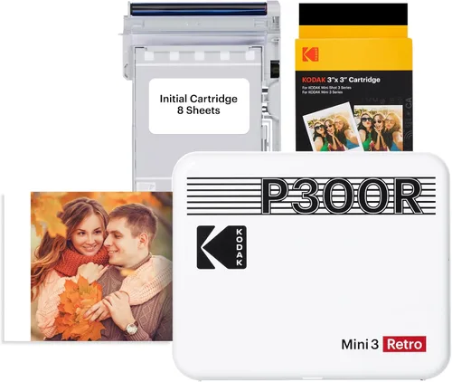 KODAK Mini 3 Retro - Impresora fotográfica portátil 4PASS (3 x 3 pulgadas) Paquete inicial de 8 hojas + 60 hojas, color blanco