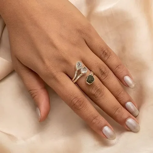 Miniatura 3 de CROWNJEWELRY - Anillo de joyería hecho a mano de plata esterlina 925 con moldavita checa y Herkimer 925