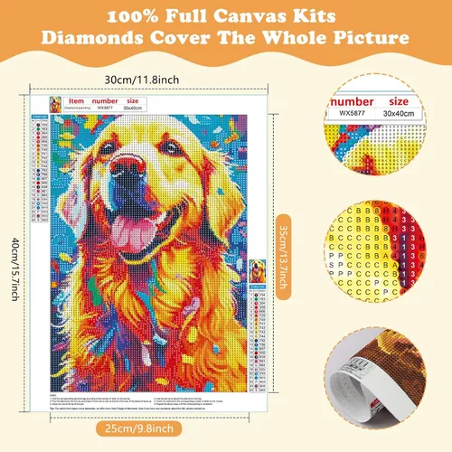 Miniatura 2 de SENQAO Kits de arte de diamantes para adultos, Golden Retriever - Pintura de puntos de diamante de taladro completo para principiantes, pintura