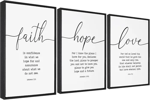 Versículos bíblicos de Faith Hope and Love enmarcados, 3 piezas, lienzo decorativo para pared, listo para colgar, oración de serenidad, arte de