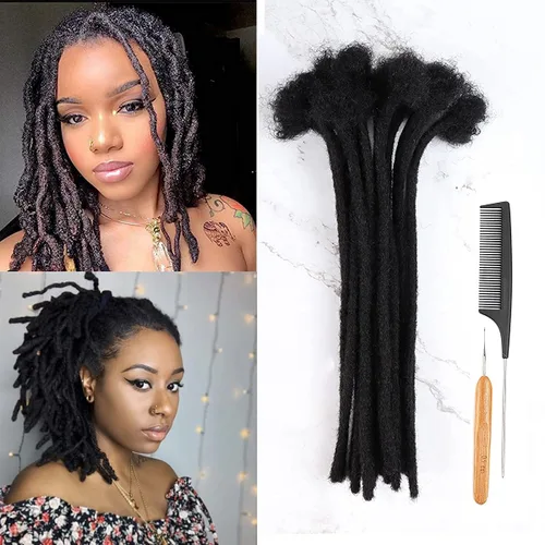 Miniatura 29 de Extensiones de cabello humano Loc de 0.2 cm de ancho, 4 pulgadas, 30 hebras, negro natural 100% completamente hechas a mano, extensiones