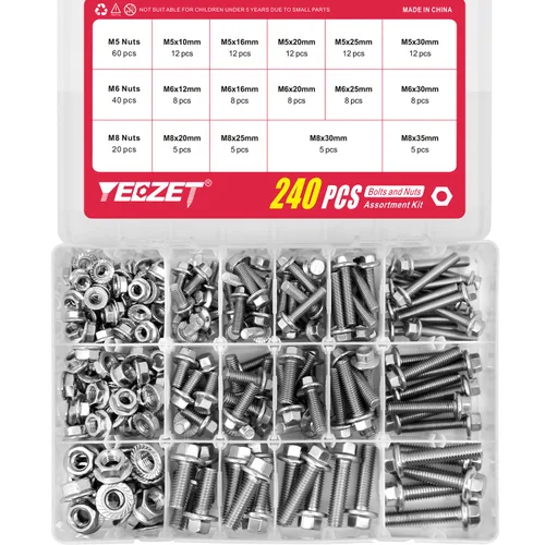 Miniatura 2 de Juego de 240 tornillos y tuercas con brida M5 M6 M8, tornillos hexagonales métricos con brida de acero inoxidable 304 Incluye las 14 medidas más Kit