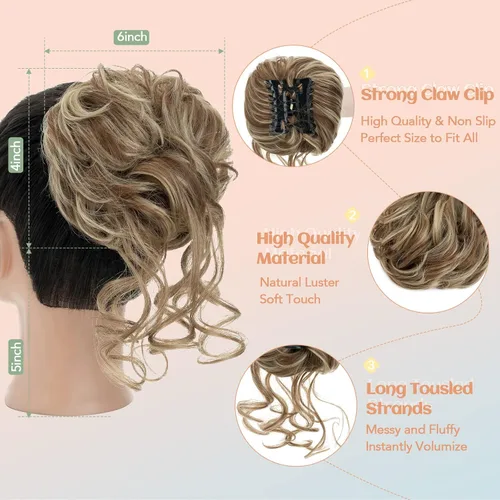 Miniatura 2 de S-noilite Extensiones de cabello rubio ondulado con clip de garra, extensiones de moño con clip de garra, extensiones de moño para mujer