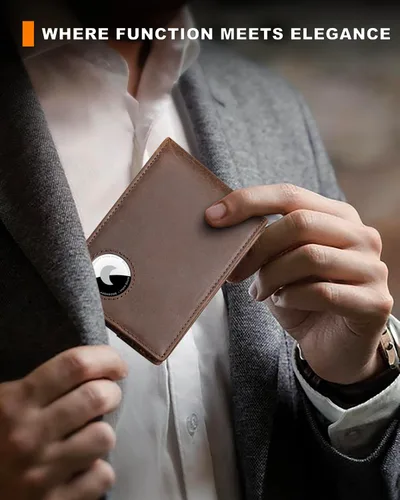 Miniatura 14 de Billetera AirTag para hombre, de piel auténtica plegable con bloqueo Rfid AirTag con ranuras para efectivo y ventana de identificación, compatible