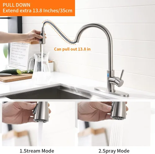 Miniatura 5 de OWOFAN Grifo de cocina sin contacto con rociador extraíble, luz LED, grifo de fregadero de cocina de una sola manija, sensor de movimiento, manos