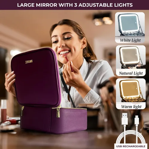 Miniatura 4 de ZEVGANI Bolsa de maquillaje de viaje con estuche de cosméticos de luz LED, estuche de maquillaje portátil con espejo iluminado, bolsa organizadora