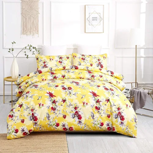 DaDa Bedding - Funda de edredón con diseño floral amarillo radiante, colibríes, flores rojas, jardín, con fundas de almohada, brillante, vibrante,