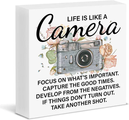 Miniatura 8 de Regalos inspiradores para fotógrafos, regalos de fotografía, cámara When Life Gets Blurry Ajustar tu enfoque, letrero de bloque de madera