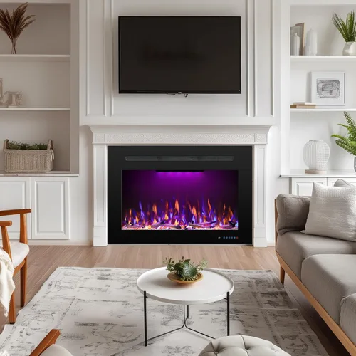 Miniatura 6 de Insertos de chimenea eléctrica con 3 llamas y luz superior de color, chimenea empotrada con termostato, 750/1500W, sonido crepitante, troncos