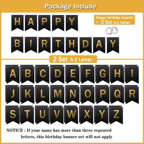 Miniatura 2 de Cartel de cumpleaños personalizado con nombre, haz tu propio banderín de feliz cumpleaños para fiesta de cumpleaños, letrero negro con 26 pancartas