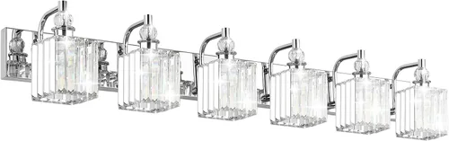 Miniatura 16 de Ralbay - Luces de tocador de cristal, 2 luces, modernas lámparas de cromo de cristal para iluminación de baño, para usar sobre el espejo