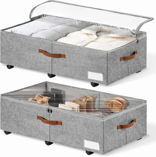 Almacenamiento Grande Debajo de la Cama de 60L con Ruedas Paquete de 2, Contenedor de Zapatos Debajo de la Cama con Tapa Transparente, Cajón de Gris