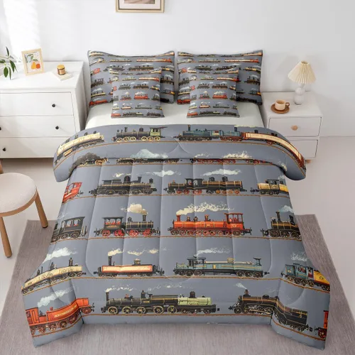 Miniatura 12 de Feelyou Juego de edredón de tren vintage de 7 piezas, diseño retro de motor de vapor para niños y niñas, juego de ropa de cama retro de tren