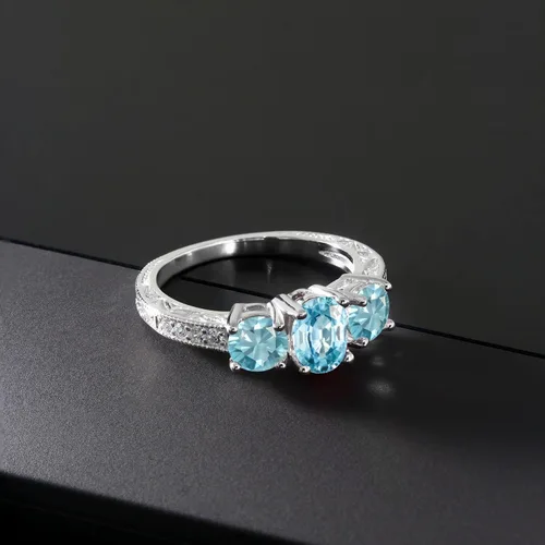Miniatura 10 de Gem Stone King Anillo de compromiso de 3 piedras preciosas de oro blanco de 10 quilates con piedra natal y diamantes cultivados en laboratorio