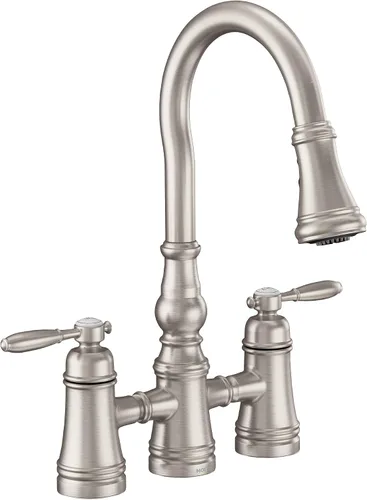 Miniatura 19 de Moen Grifo de cocina de puente desplegable de dos manijas Weymouth de oro cepillado, S73204BG