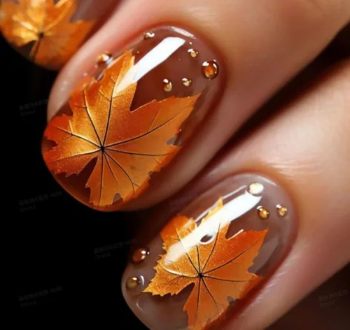 Miniatura 17 de Uñas postizas a presión de otoño, uñas postizas cortas cuadradas de MABKJLF con diseños de hojas de arce, pegamento brillante en uñas, uñas