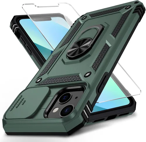 Funda para iPhone 13 Mini con cubierta para lente de cámara, protector de pantalla HD, protección contra caídas de grado militar de 10 pies, soporte
