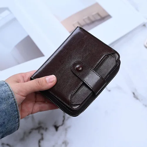 Miniatura 2 de Carteras pequeñas para mujer, con bloqueo RFID, de cuero, con cremallera, bolsillo para monedas, tarjetero, con ventana de identificación, Café
