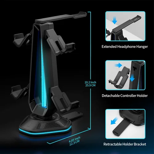 Miniatura 6 de Soporte para auriculares RGB con 9 modos de luz y 2 puertos de carga USB, soporte para controlador para escritorio, soporte para auriculares