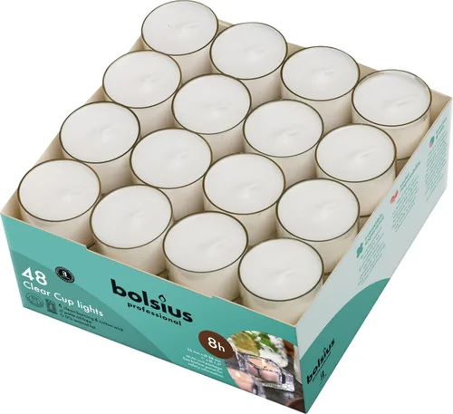 BOLSIUS 48 Velas sin perfume en portavelas transparentes - 8 horas de combustión - Calidad europea premium - Llama consistente y sin humo - Mecha