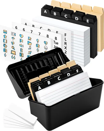 OFFILICIOUS Tarjetero negro de 4 x 6 pulgadas, caja de fichas con divisores de índice, tarjetas rayadas y calcomanías, organizador de caja de Juego