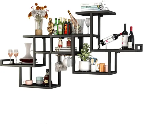 Miniatura 8 de Estantes de metal para bar, estante de vino montado en la pared con soporte colgante para copas de vino para exhibición de botellas de licor