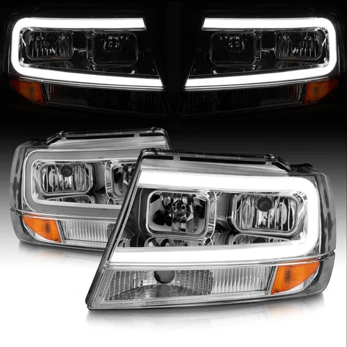 Miniatura 9 de AmeriLite Juego de faros delanteros de repuesto para Jeep Grand Cherokee 1999-2004 con barra de luz LED, color negro transparente, lado