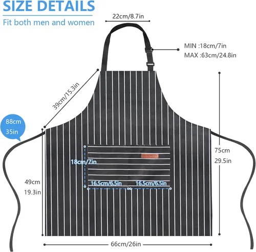 Miniatura 2 de Paquete de 2 delantales de cocina ajustables con 2 bolsillos grandes, delantal de cocina unisex para hombres y mujeres, delantal de mezcla