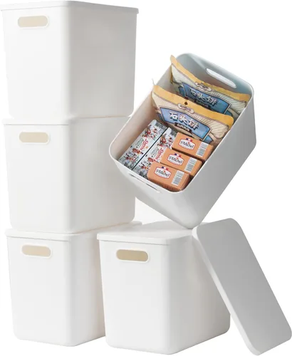 Paquete de 5 contenedores grandes de almacenamiento de plástico blanco con tapas, caja de juguetes con asa, contenedores organizadores cestas para