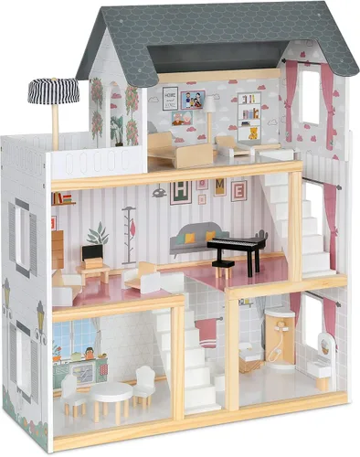 Miniatura 9 de Lil' Jumbl Casa de muñecas de madera para niños, incluye 17 piezas de accesorios y muebles, con balcón y escaleras, casa de muñecas de 3 pisos fácil