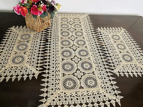 Miniatura 6 de 000 AMT Gorgeous Venecia - Camino de mesa de lino con encaje vintage - Beige/blanco (beige, 11 x 17 OB.)