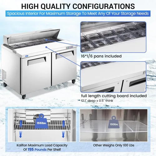 Miniatura 4 de Refrigerador comercial de 60" de ancho con mesa para preparar sándwiches/ensalada, 2 puertas, enfriamiento por ventilador de acero inoxidable