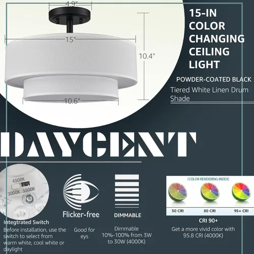 Miniatura 3 de DAYCENT Lámpara de Techo Semiempotrada de Tambor Negro Estilo Granja Moderno Regulable Lámpara LED de Techo 30W 3000K/4500K/5500K Pantalla de Tambor