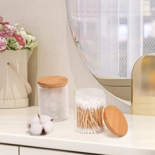 Miniatura 5 de BKYFPQ Juego de 2 dispensadores de vidrio para Qtip - Tarros de boticario con tapas, organizador de maquillaje de tocador y organizador