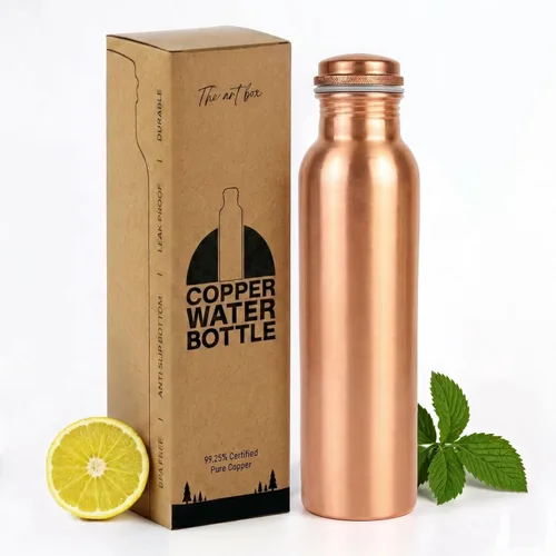 THE ART BOX Botella de agua de cobre puro para agua potable – Botella ayurvédica de cobre liso a prueba de fugas, diseño sin articulaciones, botella