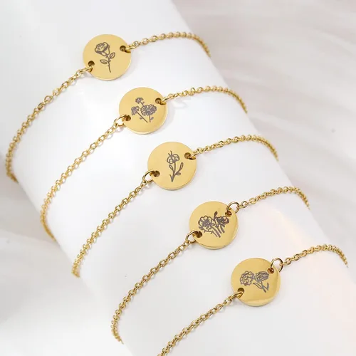 Miniatura 6 de Pulsera de flor de nacimiento de oro de 18 quilates grabada personalizada, pulseras con dije floral personalizado de acero inoxidable, cadena