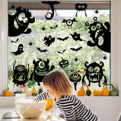 Miniatura 5 de Decoraciones de silueta de ventana de Halloween - Lindas calcomanías de silueta de monstru