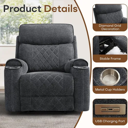 Miniatura 4 de HAOMARKETS Silla reclinable eléctrica para adultos con puerto USB, sofás reclinables eléctricos de tela suave con portavasos de metal, sillas