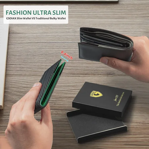 Miniatura 49 de GSOIAX Cartera delgada de cuero plegable RFID para hombre, billetera minimalista con bolsillo frontal con clip para dinero, 12 ranuras para Negro