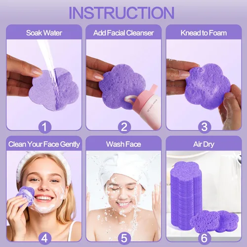 Miniatura 4 de 50 esponjas faciales, naturales, con forma de flor moderna, morado, reutilizable, exfoliante, limpieza, regalo de maquillaje 50 unidades - morado